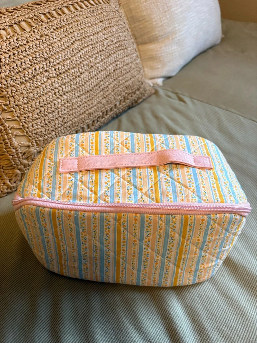 Pink & Yellow Quilted Travel Storage Case - Small Cosmetic Organizer